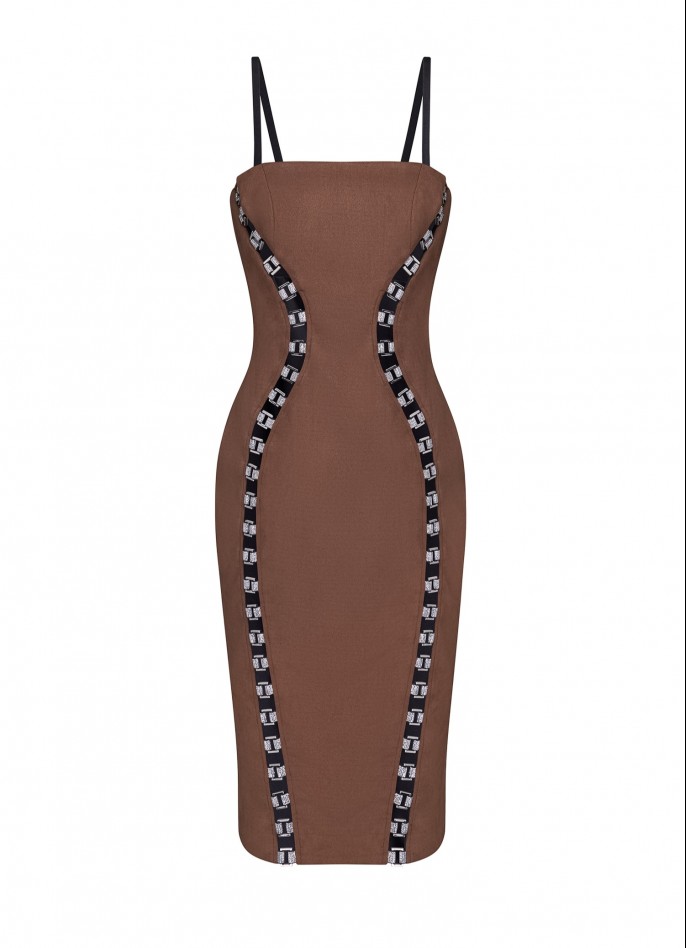 BROWN SUEDE-EFFECT CUT-OUT DRESS